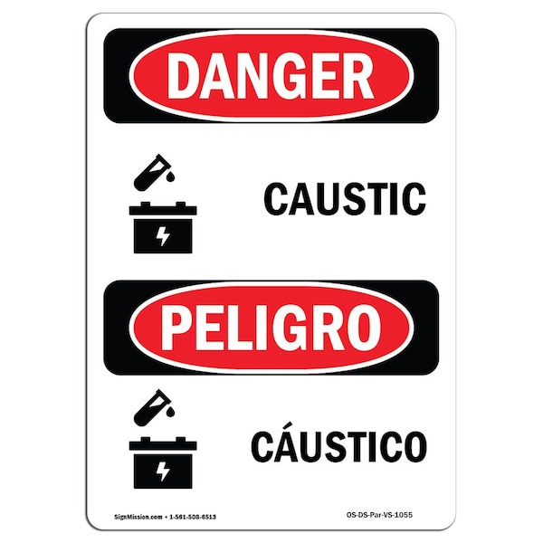 Safety Sign, OSHA Danger, 5" Height, Caustic, Bilingual Spanish, 10PK